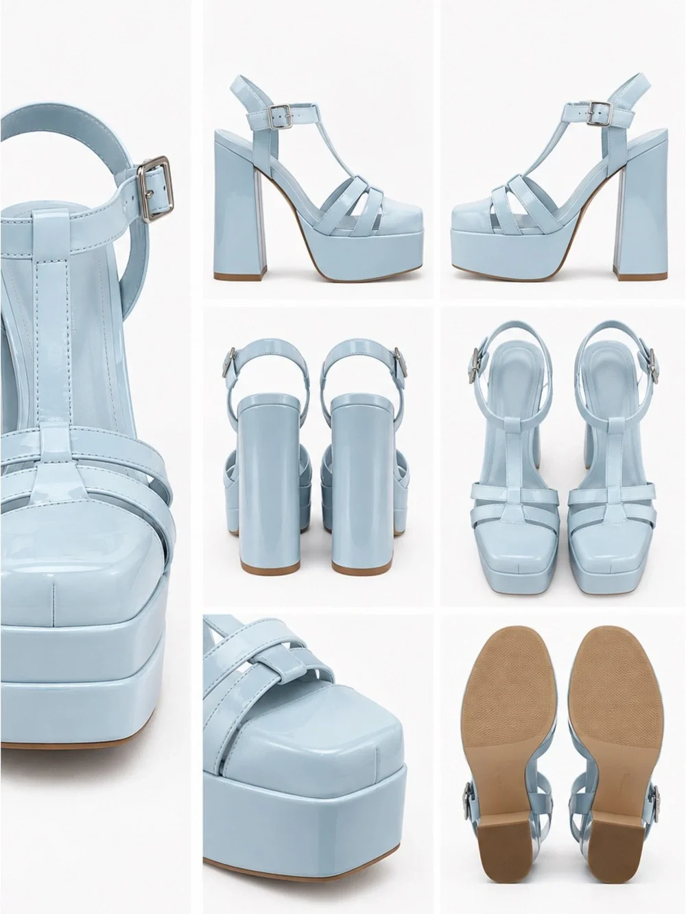Platform T-Strap High Heel Sandals in Light Blue